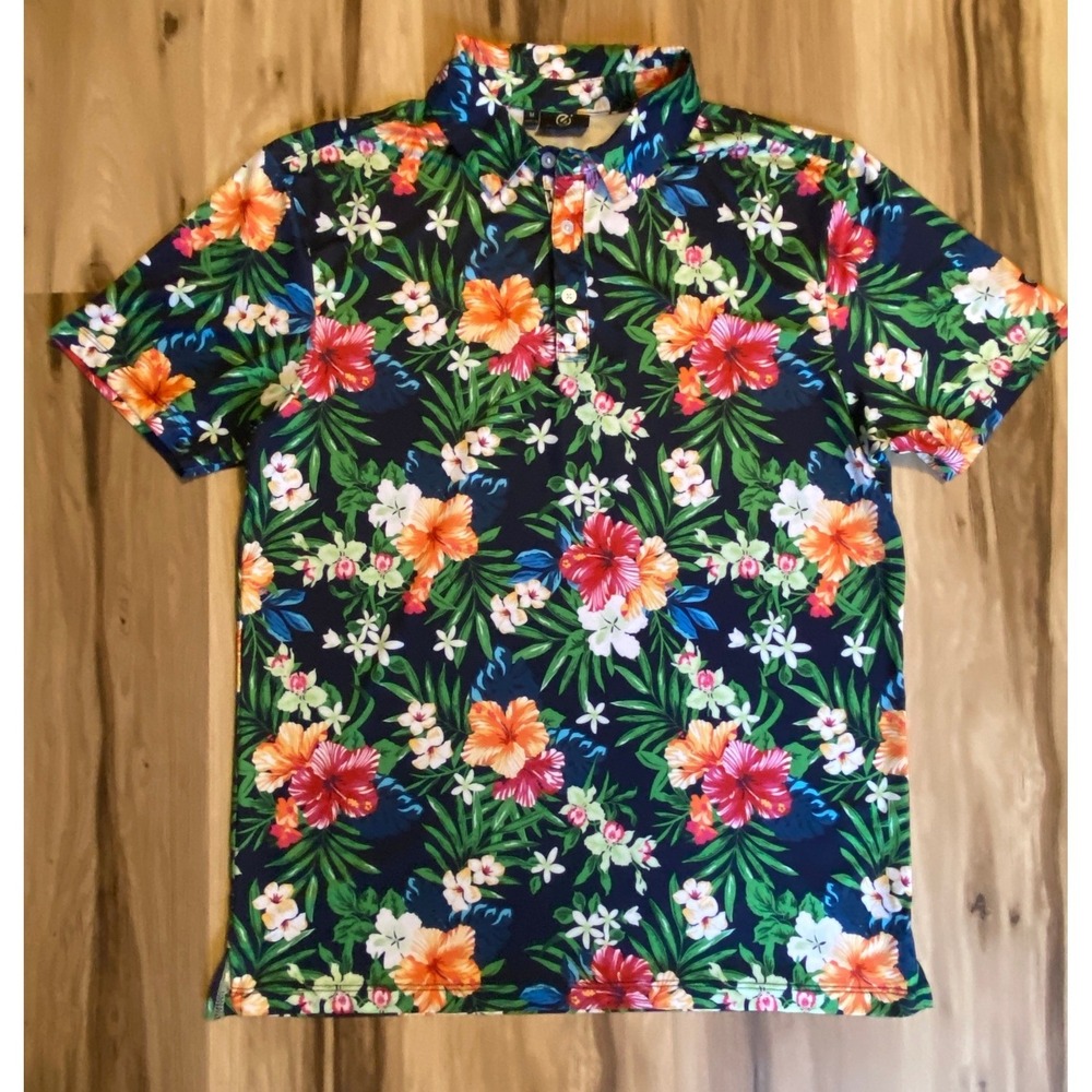 GreenSide Golf Mens Tropical Floral Polo Shirt Navy Blue Hibiscus Print Size M